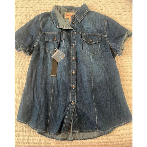 Design by Olivia Women's Cap Sleeve Button Down Denim Chambray Shirt NEEW NWt - Picture 4 of 9